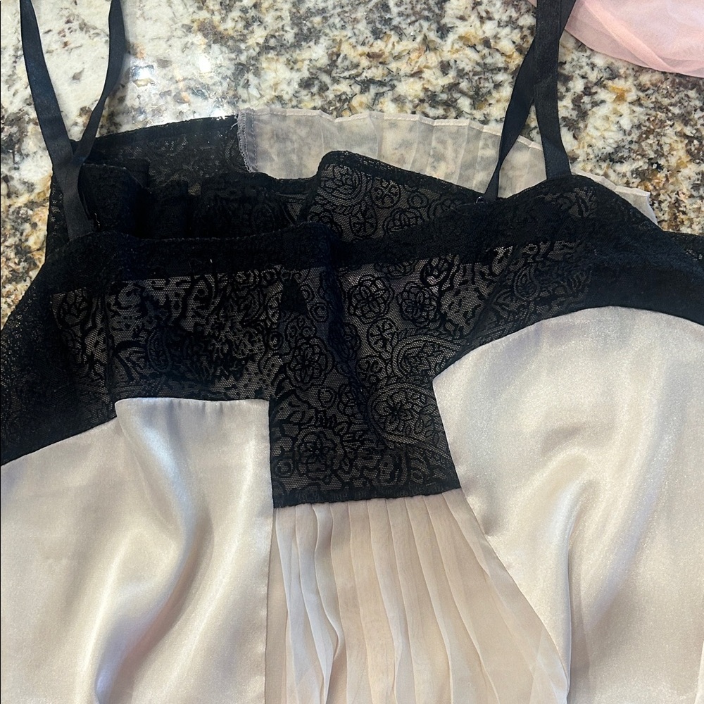 Victoria Secret  Black & Cream Lace-Trim Satin Chemise
